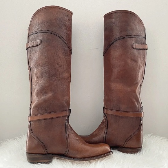 FRYE Dorado Tall Cognac Brown Leather Harness Buckle Riding Knee Boots Shoes 6 - Picture 7 of 16